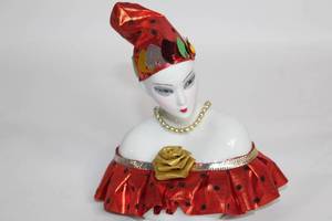 lot 446 image: Vintage Porcelain Lady Figurine with Red Dress and Beaded Necklace