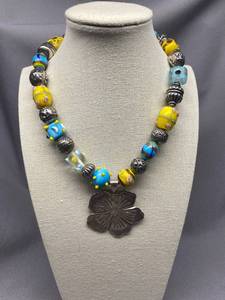 Lilly Pulitzer Huge Statement 925 Sterling Silver Art Glass Beaded Necklace with Flower Pendant