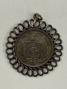 1858 Brazilian 500 Réis Coin Pendant in Ornate Sterling Silver 925