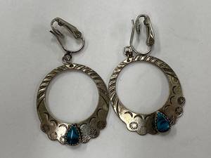 lot 72Z image: Vintage Sterling Silver 925 Tone Hoop Earrings with Blue Stone