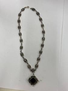 lot 81Z image: Vintage Ornate Black Stone Sterling Silver 925 Necklace Art Deco Design