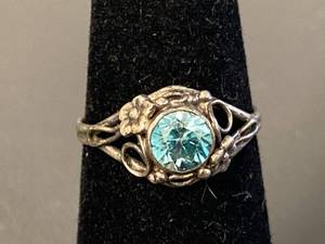 lot 112Z image: Vintage Style Sterling Silver 925 Floral Ring with Aqua Blue Gemstone Size 7.75