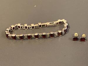 lot 146Z image: Sterling Silver 925 Red Stone Bracelet & Earring Set
