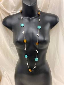 lot 165Z image: Sterling Silver 925 Turquoise Bead Pearl Long Necklace