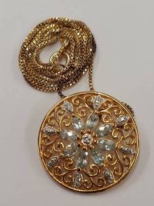 lot 139M image: Gold Tone Sterling Sliver Pendant Necklace Medallion Filigree Flower Design Set w Gemstones