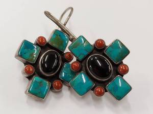lot 152M image: Vintage 925 Silver Turquoise Coral Inlay Earrings