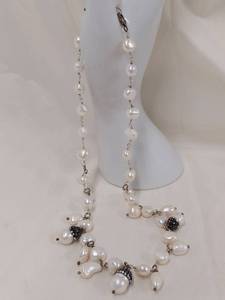 lot 161M image: Sterling Silver Pearl Necklace Adored with Rhinestones