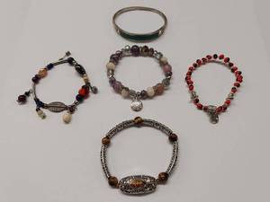 lot 166M image: Beaded Bracelet Lot & A Sterling Silver Bracelet