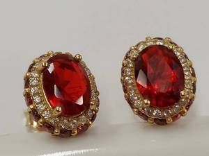lot 199M image: Gold-Tone Sterling Silver Red Gemstone Stud Earrings