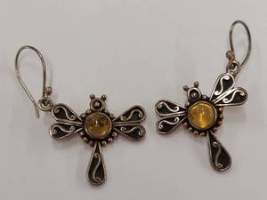 lot 208M image: Sterling Silver Dragonfly Earrings with Amber Stones