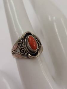 lot 222M image: Elegant Sterling Silver Ring with Oval Red Stone