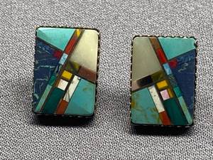 lot 5B image: Geometric Sterling Silver 925 Mosaic Ear Studs Rectangular Stone Inlay