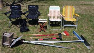 lot 12 image: Four Lawn Chairs, Birdhouse, Brooms, Roof Rake