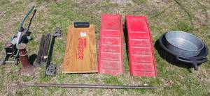 lot 33 image: Shop LOT - Car Ramps, Car Jack, Oil Drain Pans, Vintage Screw Jack, Heavy Steel Pry Bar, Mechanics Creeper