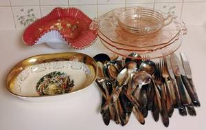 lot 30 image: Pink Depression Glass and Victorian hand-painted glass brides basket bow lCandy Dish, Fifty Piece Tudor Plate Flatware