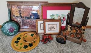 lot 17 image: Eleven Piece Home Decor LOT -  Framed Pictures, Vintage Iron