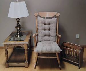 lot 91 image: Living Room LOT - Rocking Chair, Side Table, Lamp and Magazine Rack