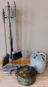 lot 128 image: Brass Fireplace Tools, Vintage and Antique Jug Crock