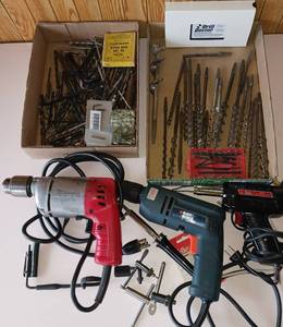 lot 98 image: Two Electric Hand Drills - Milwaukee and B&D, Drill Bits, Weller Soldering Gun