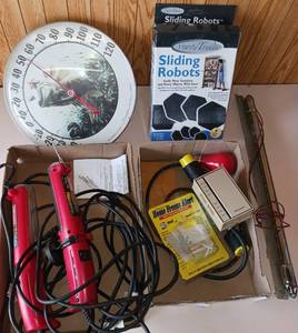 lot 114 image: Craftsman Portable Light, Outdoor Thermometer, Honeywell Thermostat, Furniture Sliders