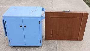 lot 120 image: Vintage Metal Folding Table and Shop Made Storage Cabinet
