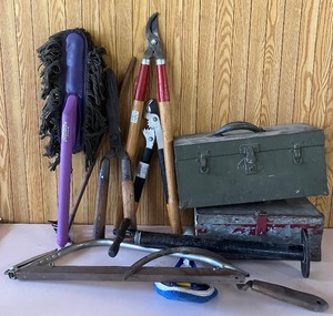 lot 143 image: Eleven Piece LOT - Two Vintage Metal Toolboxs, Bowsaw, Pruner, Manual Tire Pump