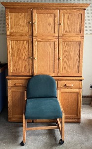 lot 156 image: Armoire Style Oak Computer Cabinet with Chair