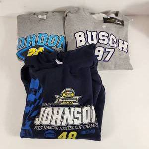lot 50 image: Lot Of Three New NASCAR Sweatshirts 1 Hoodie Blue 2XL Gordan Size M Busch 2XL