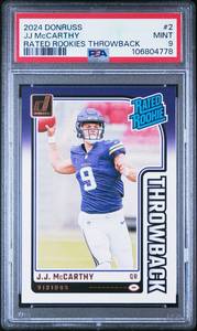 lot 10 image: JJ MCCARTHY 2024 DONRUSS RATED ROOKIE THROWBACK PSA 9 ROOKIE CARD
