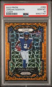 lot 22 image: JORDAN ADDISON 2023 LAZER PRIZM ROOKIE CARD PSA 10