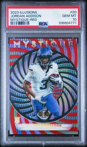 lot 23 image: JORDAN ADDISON 2023 ILLUSIONS MYSTIQUE-RED ROOKIE CARD 173199 PSA 10