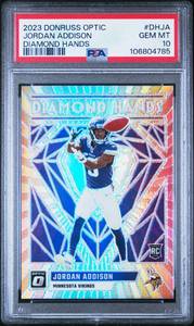 lot 24 image: JORDAN ADDISON 2023 DONRUSS OPTIC DIAMOND HANDS ROOKIE CARD PSA 10