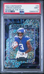 lot 26 image: JORDAN ADDISON 2023 CONTENDERS ROOKIE OF THE YEAR ROOKIE CARD PSA 9