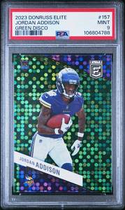 lot 27 image: JORDAN ADDISON 2023 DONRUSS ELITE GREEN DISCO ROOKIE CARD PSA 9