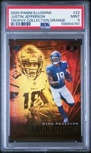 lot 12 image: JUSTIN JEFFERSON 2020 PANINI ILLUSIONS TROPHY COLLECTION ORANGE ROOKIE CARD PSA 9