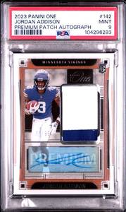 lot 33 image: JORDAN ADDISON 2023 PANINI ONE PREMIUM PATCH AUTOGRAPH ROOKIE CARD PSA 9