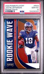 lot 29 image: JUSTIN JEFFERSON 2020 PANINI PLAYOFF ROOKIE WAVE PSA 10 ROOKIE CARD