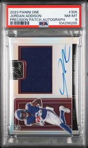 lot 43 image: JORDAN ADDISON 2023 PANINI ONE PRECISION PATCH AUTOGRAPH ROOKIE CARD 7999 PSA 8