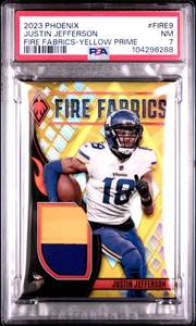 lot 42 image: JUSTIN JEFFERSON 2023 PHOENIX FIRE FABRICS-YELLOW PRIME PATCH 1035 PSA 7