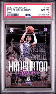 lot 52 image: TYRESE HALIBURTON 2020 CHRONICLES PINK ROOKIE CARD PSA 8