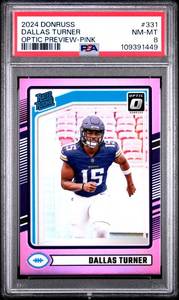 lot 69 image: DALLAS TURNER 2024 DONRUSS OPTIC PREVIEW-PINK ROOKIE CARD PSA 8