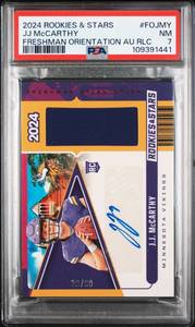 lot 54 image: JJ MCCARTHY 2024 ROOKIE & STARS FRESHMAN ORIENTATION AU RLC ROOKIE PATCH AUTO PSA 7