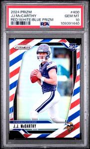 lot 59 image: JJ MCCARTHY 2024 REDWHITEBLUE PRIZM ROOKIE CARD PSA 10