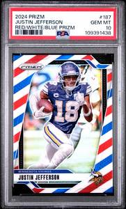 lot 62 image: JUSTIN JEFFERSON 2024 REDWHITEBLUE PRIZM PSA 10