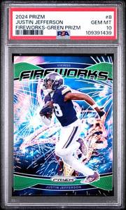 lot 63 image: JUSTIN JEFFERSON 2024 FIREWORKS-GREEN PRIZM PSA 10