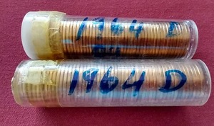 lot 6 image: (2) 1964-D Penny Rolls - BU