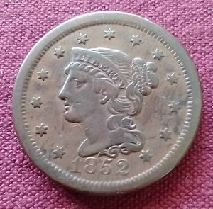 lot 53 image: 1852 Braided Hair Cent - Nice Condition