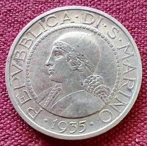 lot 88 image: 1935 San Marino Silver 5 Lire Coin