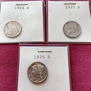 lot 100 image: (3) Mercury Dimes