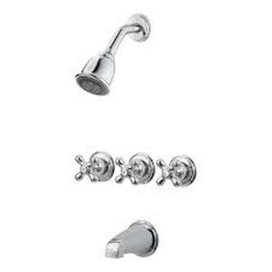lot 13 image: Pfister Bedford Triple Handle 3-Spray Tub and Shower Faucet 1.8 GPM in Polished Chrome (Valve Included)  Customer Returns See Pictures
